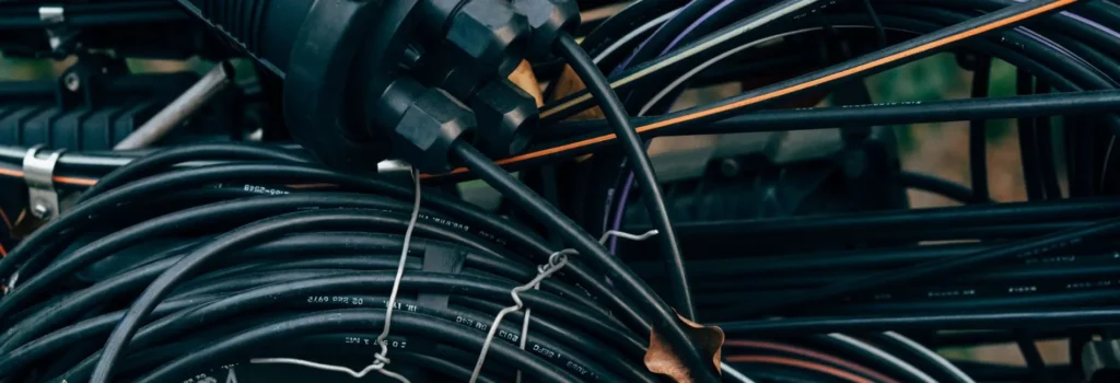 A jumble of black and white wires intertwined in a messy pile, creating a complex network of connections.