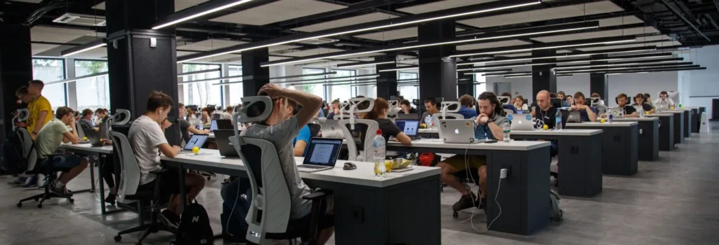 A spacious room filled with people sitting at desks, engaged in various tasks. This image represents a bustling HR services environment.
